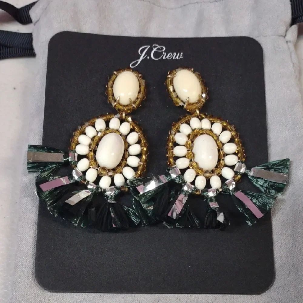 J. Crew Cream and Dark Green Fringe Earrings